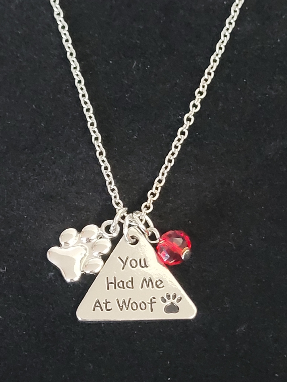 "You Had Me At Woof" Silvertone Dog Lovers Necklace Paw Print, Red Bead Charms - Picture 2 of 3